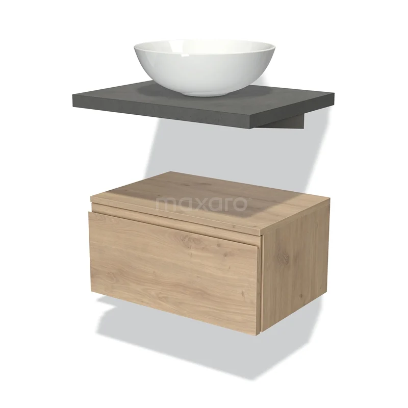 Wooden bathroom unit with drawer, grey basin shelf and white top bowl; modern design for stylish bathroom design.