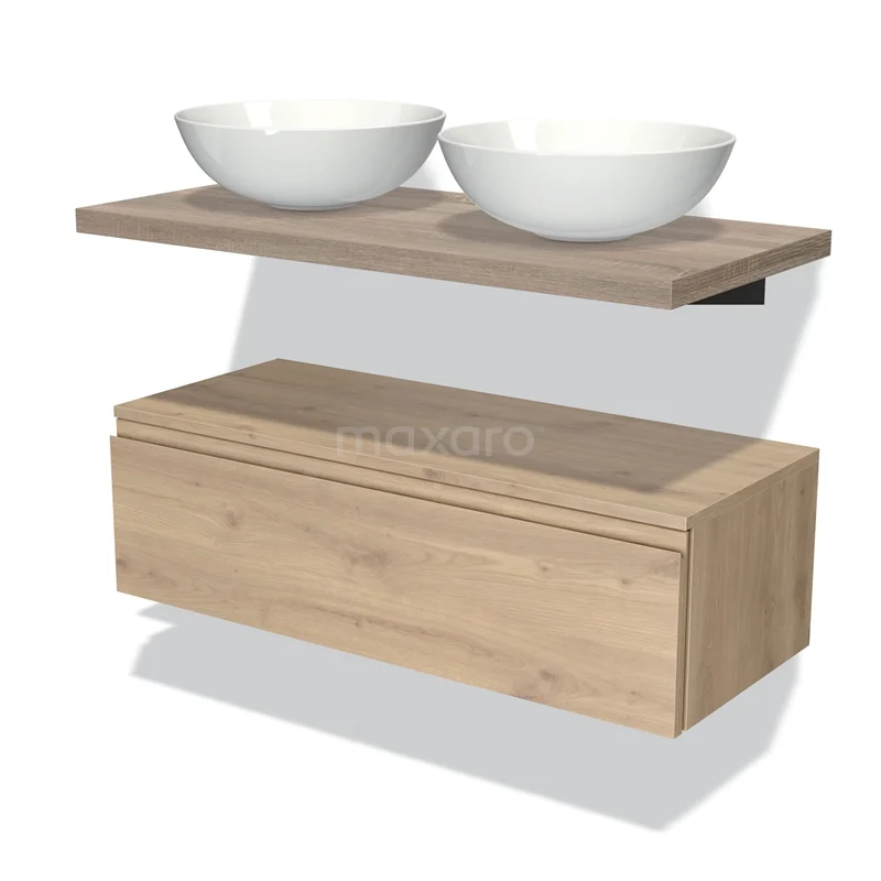 Houten wastafelmeubel met eikenhout-look, dubbele waskommen en lade, modern design voor een stijlvolle badkamer.