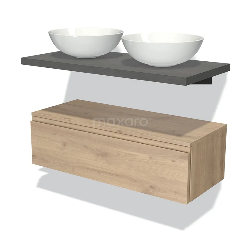 Badmöbel für Aufsatzwaschbecken 100 cm Modulo Plato Hellbraune Eiche 1 Schublade Grifflos Dunkelgrauer Beton Platte BMK32-00440 Badmöbelset mit Holzunterbau, Betonlook Waschtischplatte und zwei weißen runden Waschbecken für ein modernes Badezimmer.