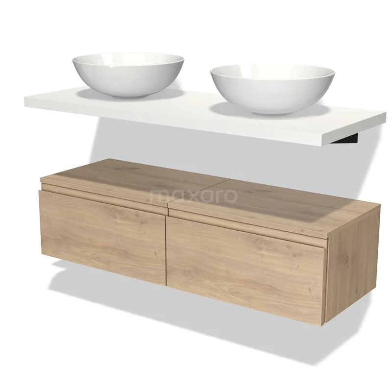 Badmöbel für Aufsatzwaschbecken 120 cm Modulo Plato Hellbraune Eiche 2 Schubladen Grifflos Matt Weiß Platte BMK32-00444 Holz Badezimmermöbel mit zwei weißen Aufsatzwaschbecken, modernes schwebendes Designset, ideal für eine stilvolle Badezimmer Einrichtung.