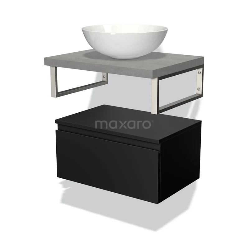 Badmöbel für Aufsatzwaschbecken 60 cm Modulo Plato Matt Schwarz 1 Schublade Grifflos hellgrauer Beton Platte BMK32-00498 Moderne schwarze Badmöbelset mit Metallrahmen, grauer Waschtischplatte und weißer schalenförmiger Waschbecken.
