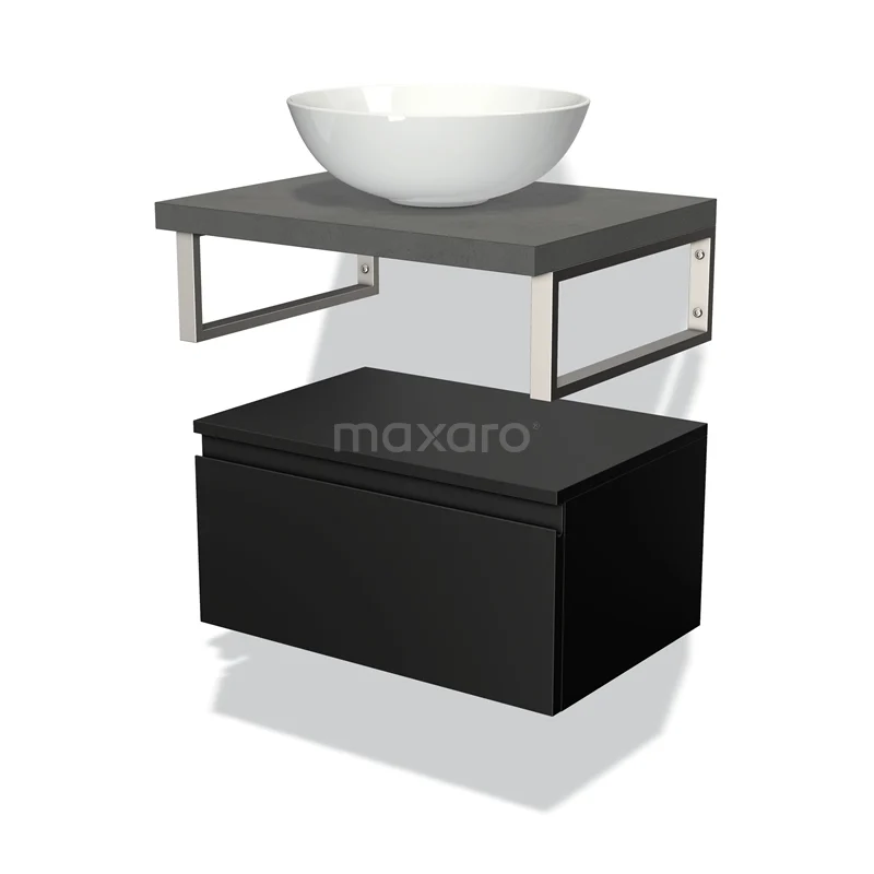 Badmöbel für Aufsatzwaschbecken 60 cm Modulo Plato Matt Schwarz 1 Schublade Grifflos Dunkelgrau Beton Platte BMK32-00500 Zwevend Badmöbel in Schwarz Holz, mit grauer Waschbeckenplatte und weißer komförmiger Waschbecken, modernes Design.