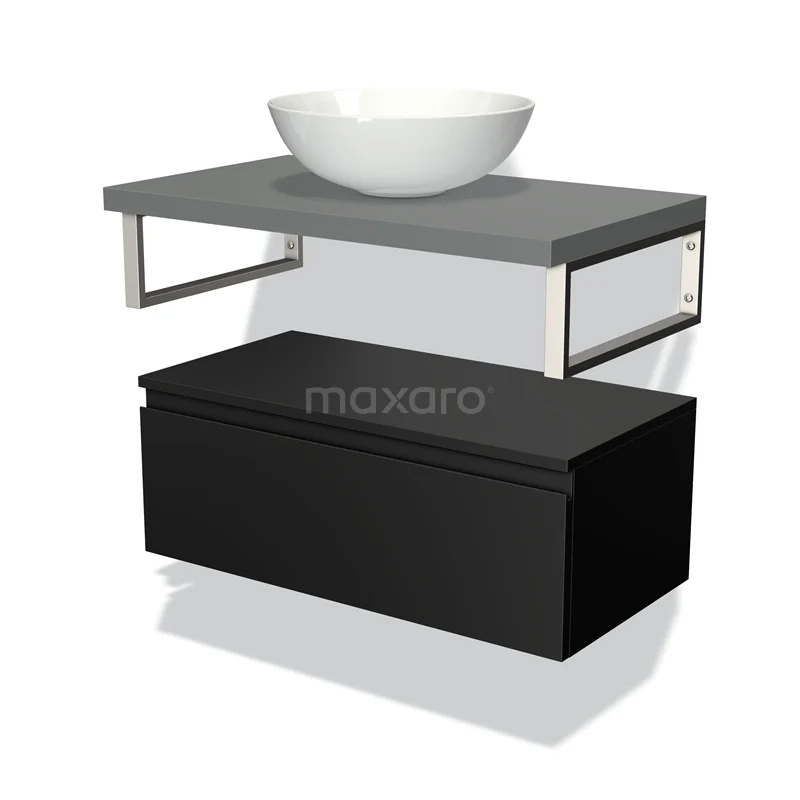 Badmöbel für Aufsatzwaschbecken 80 cm Modulo Plato Matt Schwarz 1 Schublade Grifflos Mittelgrau Platte BMK32-00502 Moderne schwarze Badmöbelset mit grauer Platte, weißem Waschbecken und metallischen Akzenten, ideal für ein stilvolles Badezimmer.