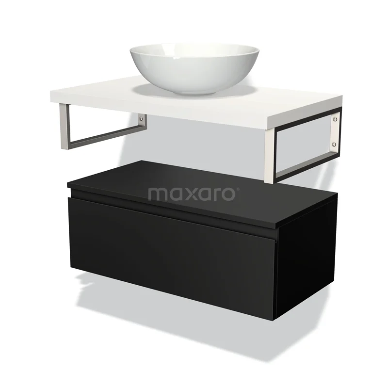 Modern black vanity unit with white worktop, integrated storage space and stylish designer basin for the bathroom.