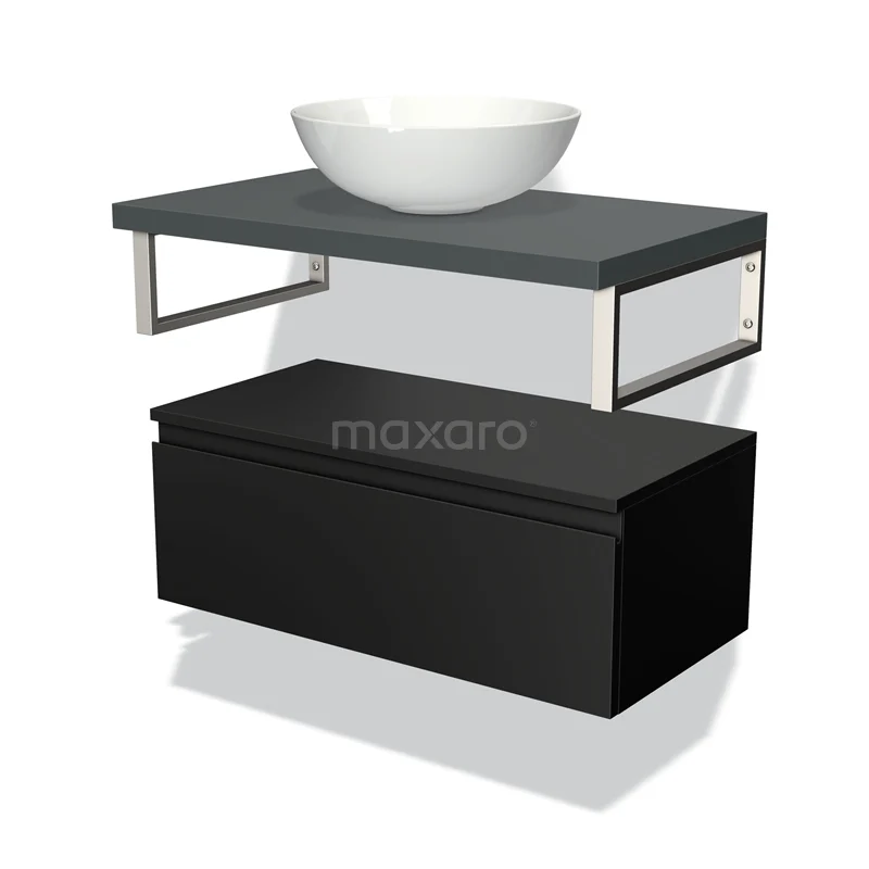 Modern bathroom furniture set with black drawers, grey shelf and white oval basin; stylish design suitable for any bathroom.