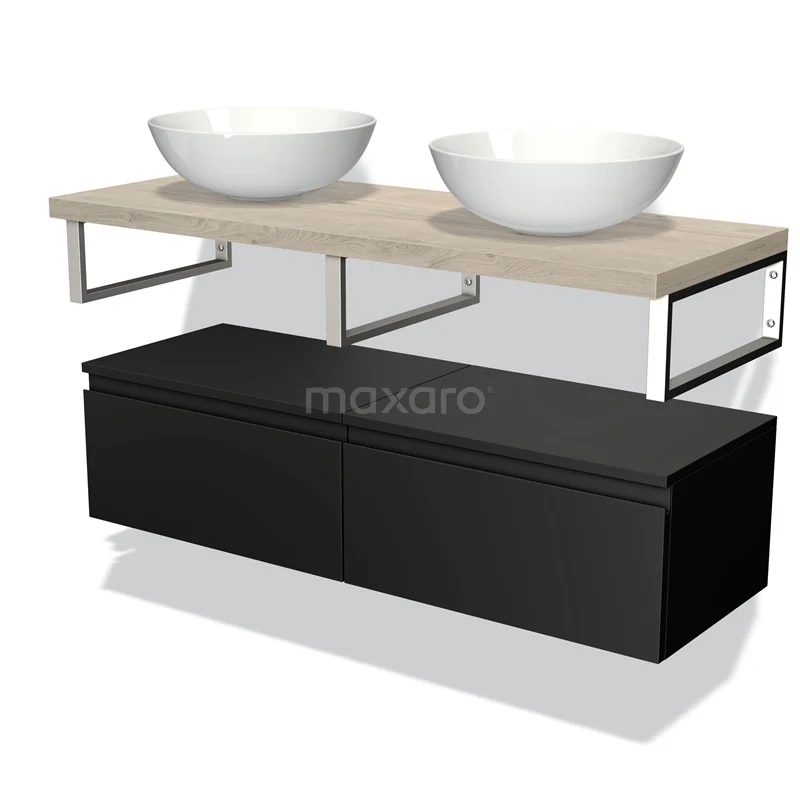 Floating vanity set with black lower cabinet, wooden worktop, metal supports and two white bowl-shaped basins.