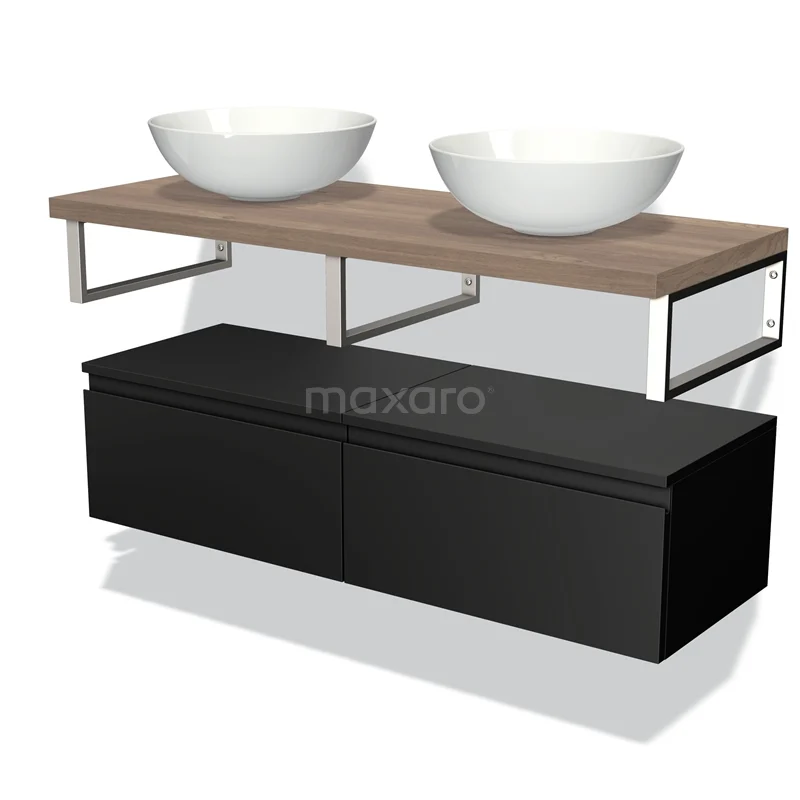 Black floating bathroom furniture set with double white countertop wash basins, wooden worktop and metal details, modern design.