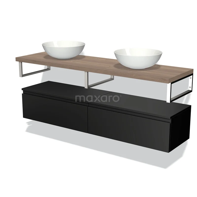 Zeer moderne badmeubelset met zwart houten kast, metalen frame en twee witte waskommen, ideaal voor stijlvolle badkamers.
