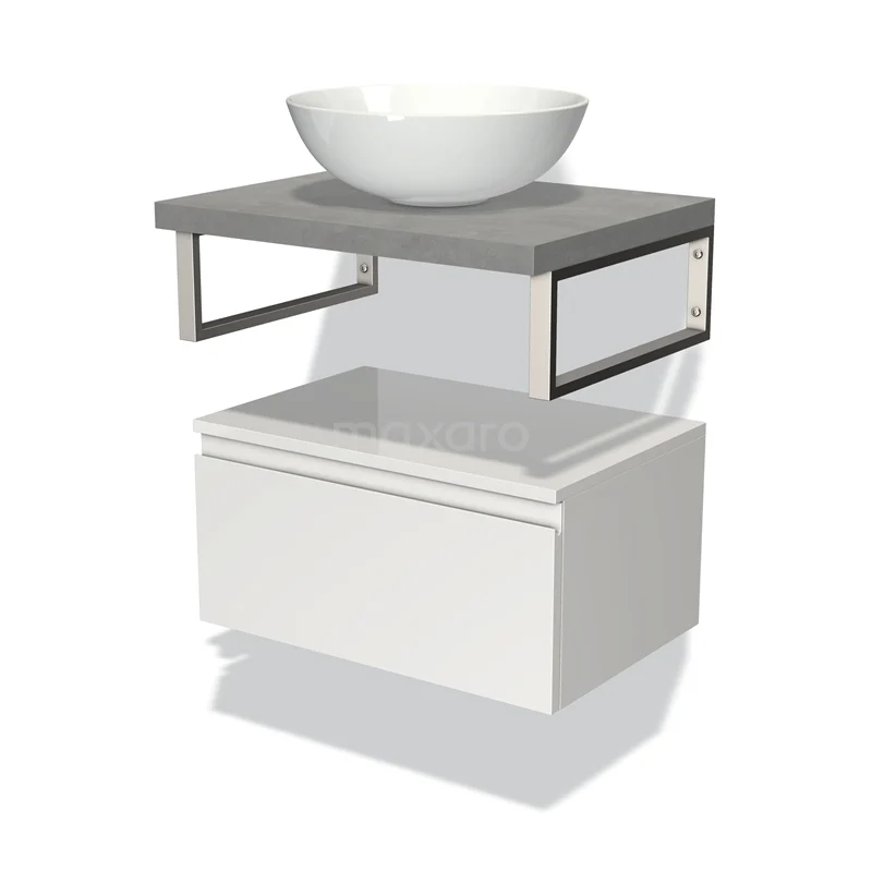 Modulo Plato Badmöbel mit Aufsatzwaschbecken | 60 cm Hochglanz Weiß Grifflos front Hellgrauer Beton blatt Tief hängend BMK32-00598 Weiße Badmöbelset mit Betonlook Waschtischplatte, weißem Schubladenschrank und modernen Metallstützen, ideal für ein stilvolles Badezimmer.