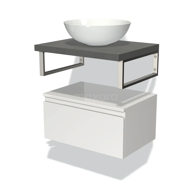 Modulo Plato Badmöbel mit Aufsatzwaschbecken | 60 cm Hochglanz Weiß Grifflos front Dunkelgrauer Beton blatt Tief hängend BMK32-00600 Weißes hängendes Badmöbel mit Schublade, graue Holz Waschtischplatte und ein Aufsatz Waschbecken im modernen Stil.