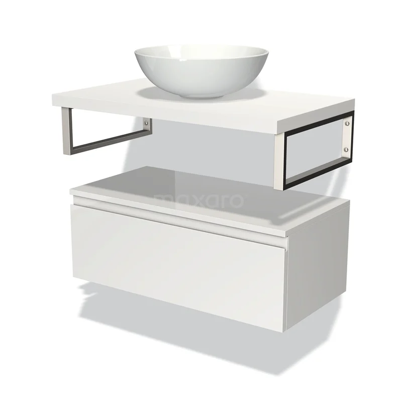 Wit zwevend badkamermeubel met lade, moderne design wastafel en metalen accenten, ideaal voor een stijlvolle badkamer.