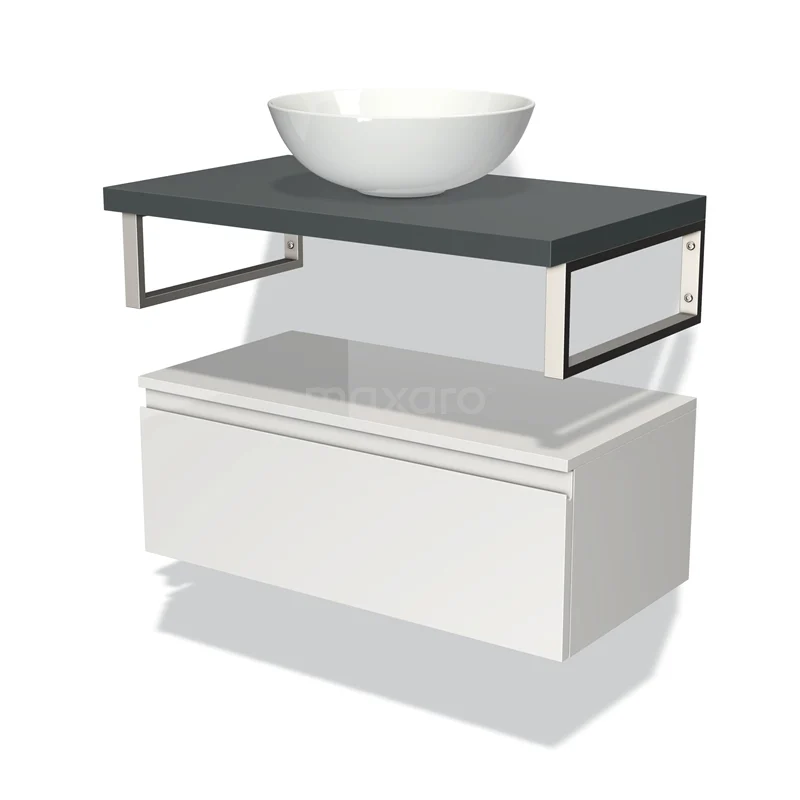 Badmöbel für Waschtischunterschrank mit Konsole 80 cm Modulo Plato Hochglanz Weiß 1 Schublade Grifflos Dunkelgrau Platte BMK32-00606 Weißes Badezimmermöbel mit grauer Waschtischplatte, runder weißer Aufsatzwaschbecken und metallischen Akzenten, modernes Design.