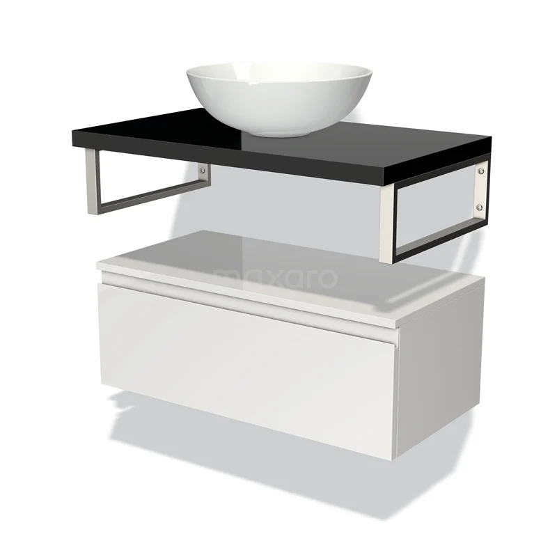 Badmöbel für Waschtischunterschrank mit Konsole 80 cm Modulo Plato Hochglanz Weiß 1 Schublade Grifflos Hochglanz Schwarz Platte BMK32-00608 Weißes Badmöbel mit schwarzer Glas-Waschtischplatte und rundem Aufsatzwaschbecken, modernes Design für stilvolle Badezimmergestaltung.