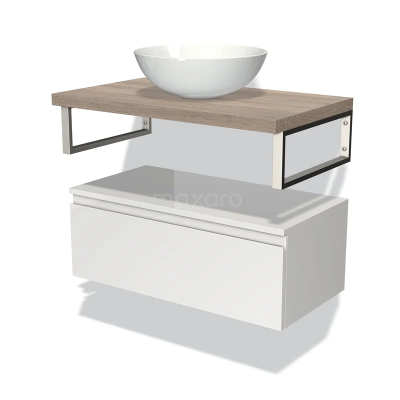 Waschtischunterschrank mit Konsole 80 cm Modulo Plato Hochglanz Weiß 1 Schublade Grifflos Eiche Platte BMK32-00610 Modern Badmöbel mit weißem Waschbecken, Holzplatte und Schublade, schlankes Design mit Metallstützen.