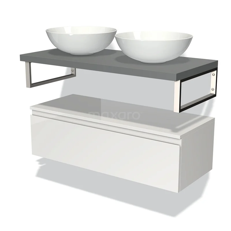 Wit badkamermeubel met dubbele wastafels, grijs blad en modern metalen frame; stijlvol en functioneel voor elke badkamer.
