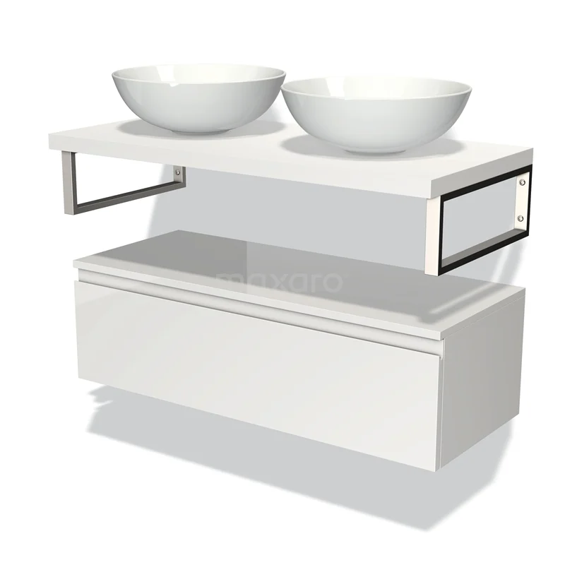 Wit badmeubel met dubbele wastafel, modern zwevend design, gepolijst materiaal, ideaal voor stijlvolle badkamerinrichting.