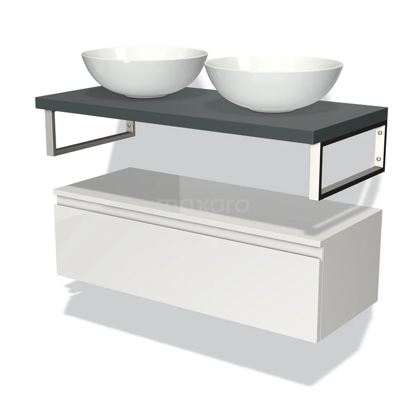 Wit zwevend badkamermeubel met dubbele zwarte wastafelblad en ronde waskommen, modern design.