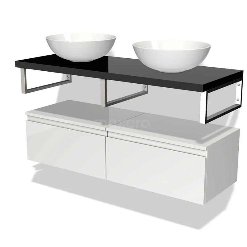 Wit badkamermeubel met zwart blad, dubbele ronde waskommen en metalen accenten; modern ontwerp met opberglades.