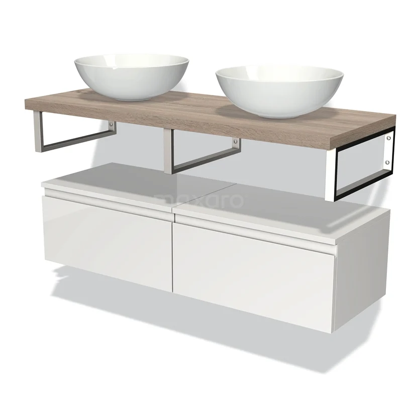 Modern houten badkamermeubel met dubbele wasbak, witte lades en metalen accenten, perfect voor een stijlvolle badkamer.