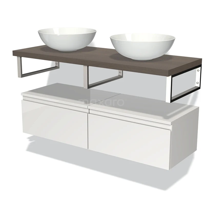 Badmöbel für Aufsatzwaschbecken 120 cm Modulo Plato Hochglanz Weiß 2 Schubladen Grifflos dunkelbraune Eiche Platte BMK32-00656 Waschtisch mit doppeltem runden Aufsatzwaschbecken, Holzlook Platte und weißen Schubladen, modernes Design für stilvolle Badezimmergestaltung.