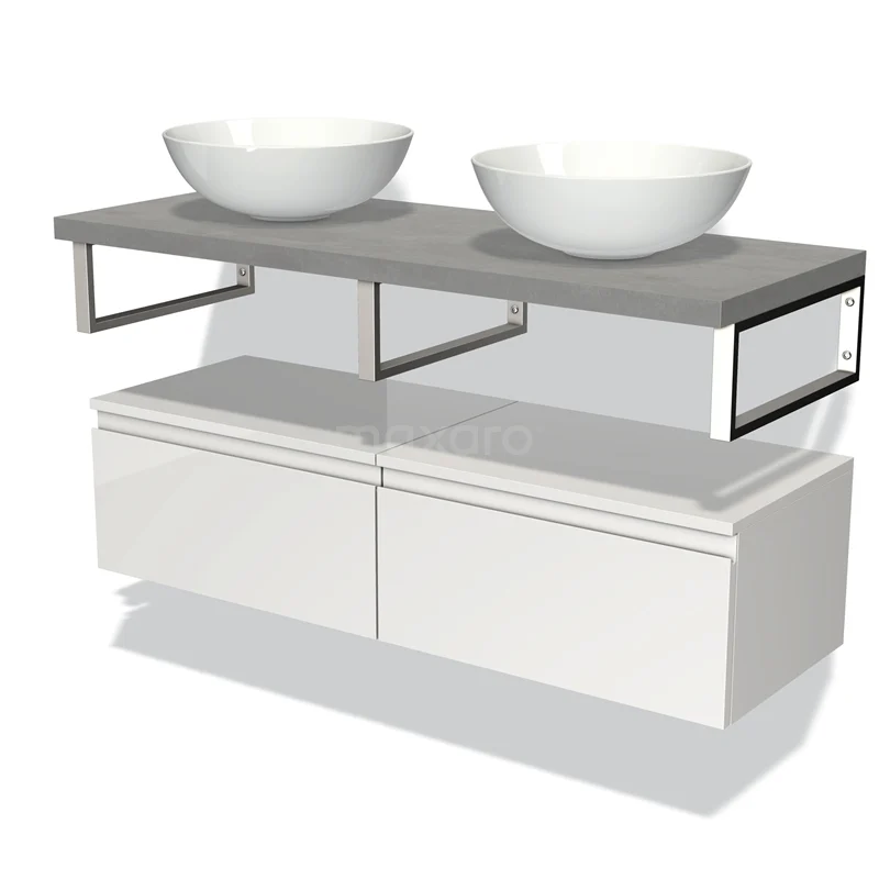 Badmöbel für Aufsatzwaschbecken 120 cm Modulo Plato Hochglanz Weiß 2 Schubladen Grifflos Hellgrauer Beton Platte BMK32-00658 Doppelwaschtisch mit weißen keramischen Aufsatzwaschbecken, grauer Betonplatte und weißen Schubladen; modernes Badezimmerdesign.