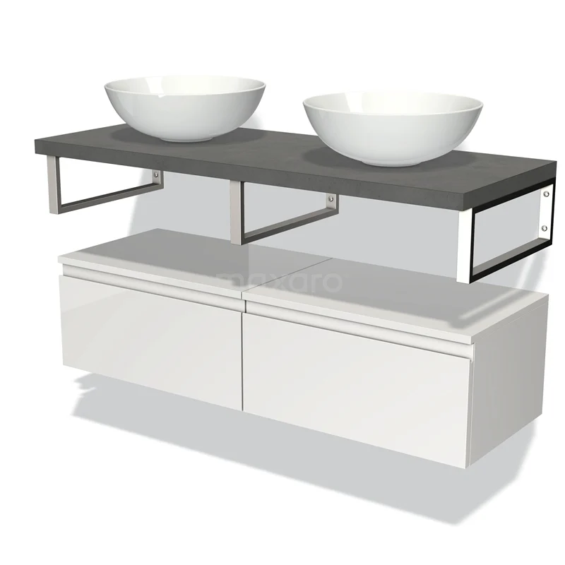Badmöbel für Aufsatzwaschbecken 120 cm Modulo Plato Hochglanz Weiß 2 Schubladen Grifflos Dunkelgrau Beton Platte BMK32-00660 Doppelte weiße keramische Aufsatzwaschbecken auf grauer Badmöbelset mit metallischen Details und modernen Aufbewahrungsmodulen.
