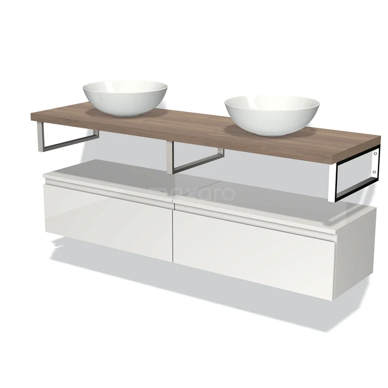 Badmöbel für Aufsatzwaschbecken 160 cm Modulo Plato Hochglanz Weiß 2 Schubladen Grifflos Mittelbraune Eiche Platte BMK32-00674 Waschtisch mit doppelten weißen Schalen, Holzregal und weißen Schubladen, moderner Badezimmerstil, metallische Details.