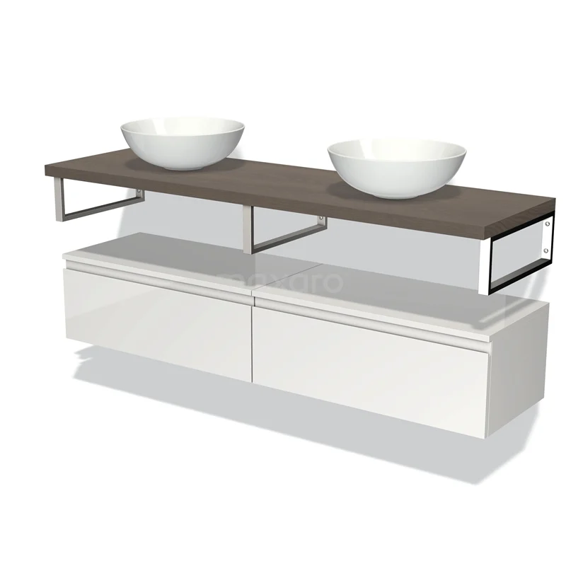 Badmöbel für Aufsatzwaschbecken 160 cm Modulo Plato Hochglanz Weiß 2 Schubladen Grifflos dunkelbraune Eiche Platte BMK32-00676 Moderne weiße Badmöbelset mit Holzplatte, doppelten Aufsatzwaschbecken und schickem Design, ideal für ein stilvolles Badezimmer.