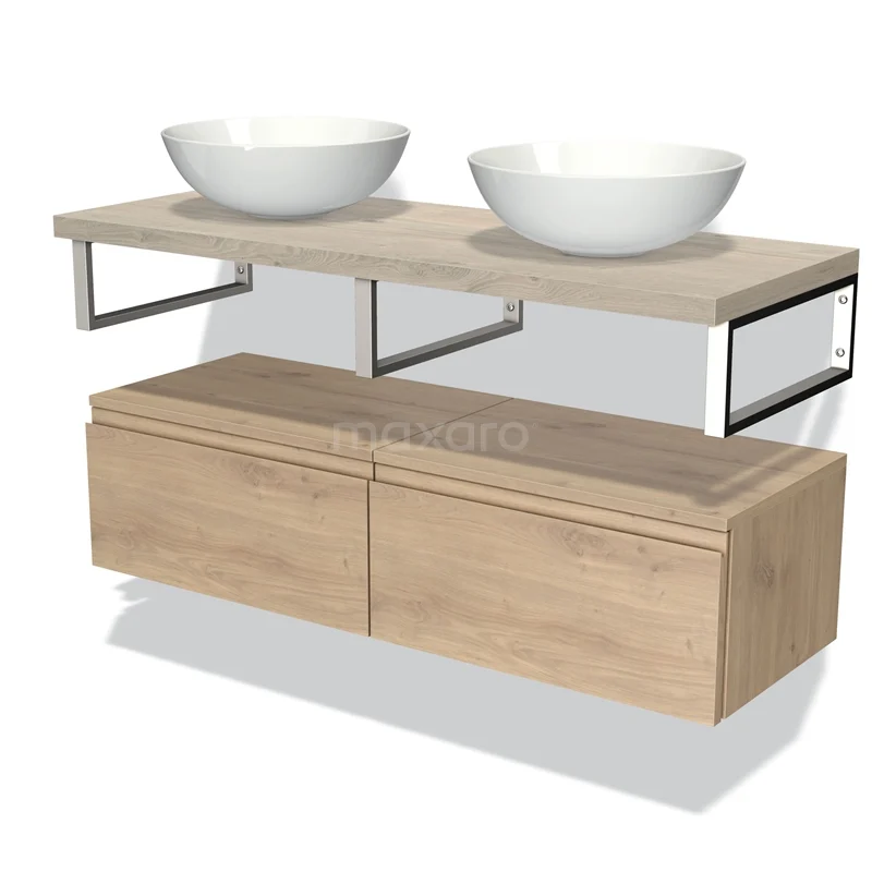 Badkamermeubelset met dubbele witte waskommen, houtlook planken en moderne metalen steunen voor een stijlvolle badkamer.