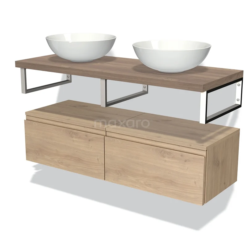 Houten badkamermeubel met dubbele wastafel, ronde witte kommen, metalen houders en lades in lichte houtkleur.