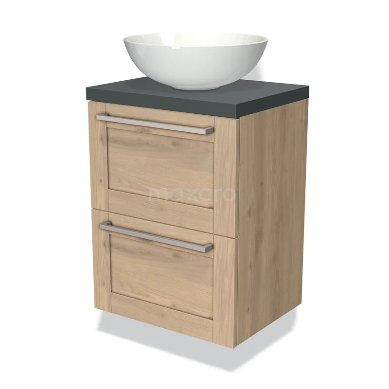 Badmöbel mit Konsole 50cm Modulo Plato Slim Hellbraune Eiche 2 Schubladen Rahmen BMK37-00297 Holz-Badmöbel mit zwei Schubladen, schwarzer Platte und rundem weißen Aufsatzwaschbecken. Perfekt für einen modernen Badezimmerstil.