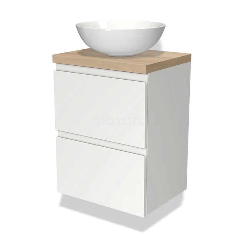 Modulo Plato Slim Vanity units for countertop basin | 50 cm Matte white Handle-less front Light brown oak worktop 2 Stacked drawers BMK37-00406