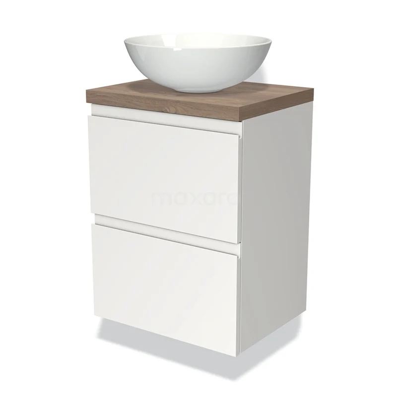 Modulo Plato Slim Vanity units for countertop basin | 50 cm Matte white Handle-less front Mid brown oak worktop 2 Stacked drawers BMK37-00436