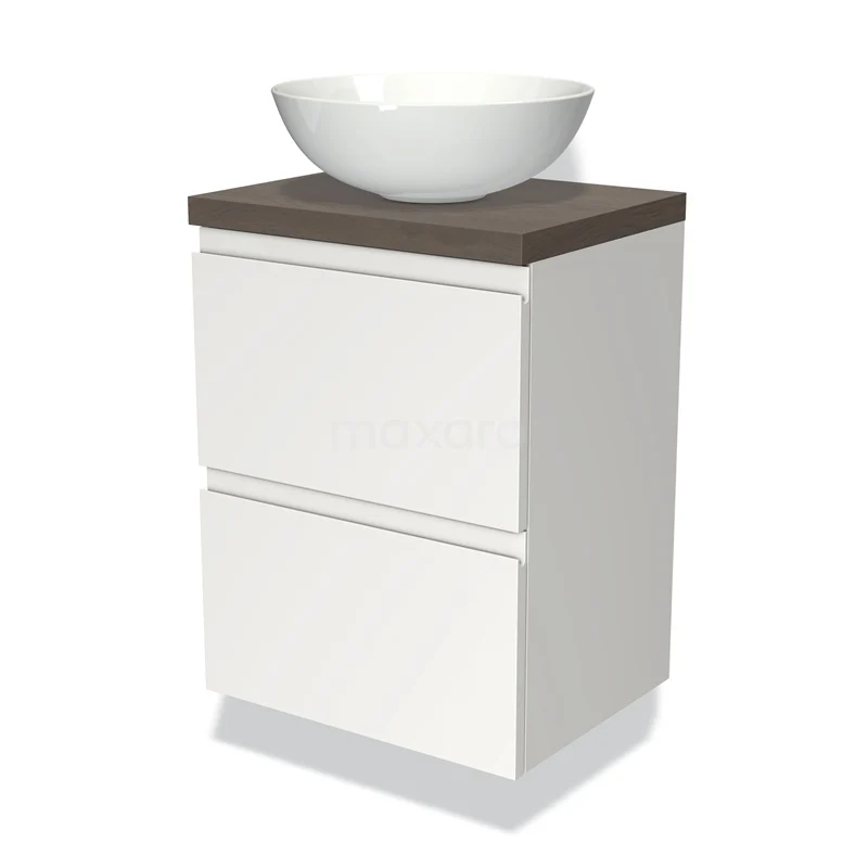 Modulo Plato Slim Vanity units for countertop basin | 50 cm Matte white Handle-less front Dark brown oak worktop 2 Stacked drawers BMK37-00466