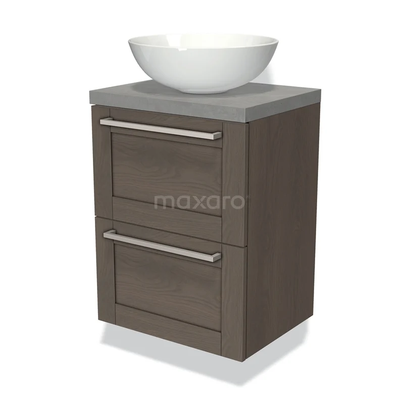 Houten badkamermeubel met grijs blad, witte opzetwaskom en twee lades met zilveren handgrepen, modern en compact ontwerp.
