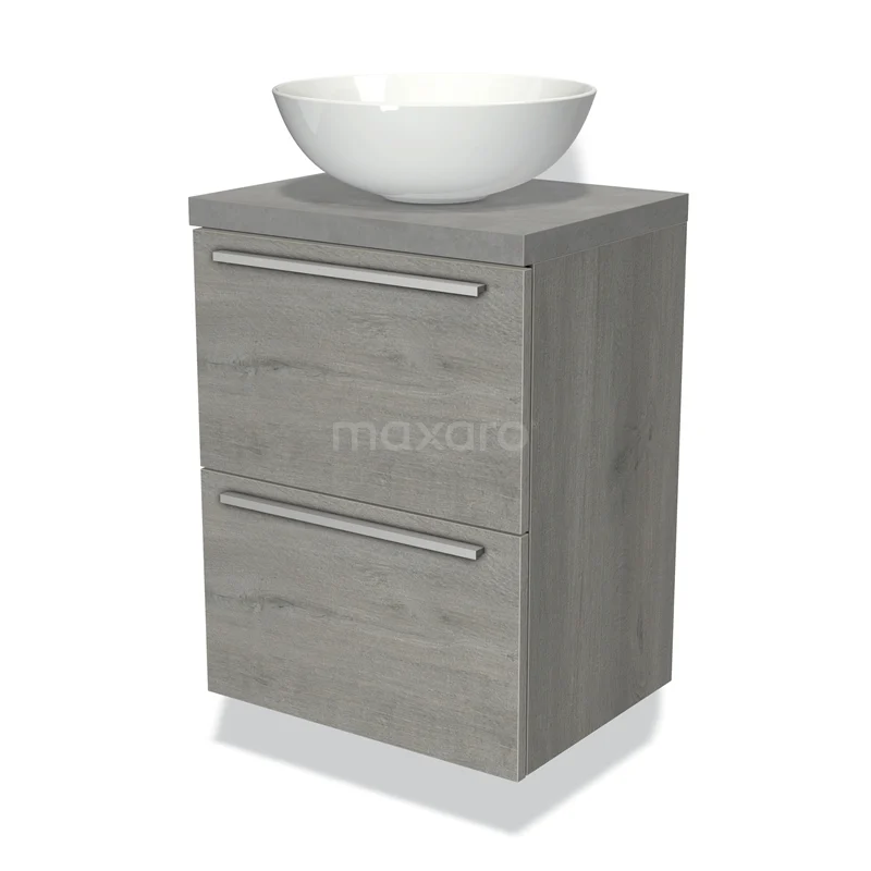 Compacte houten badkamerkast grijs met twee lades en een witte waskom, ideaal voor moderne badkamerinrichting.