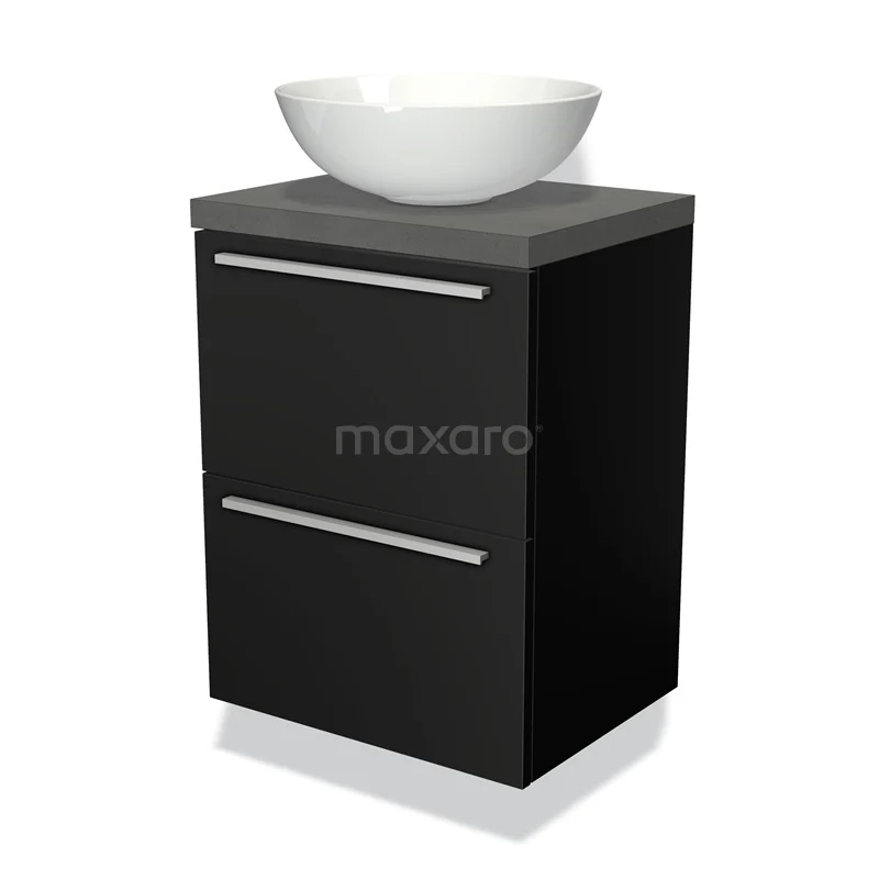 Black bathroom unit with a white bowl-shaped vanity units with basin, minimalist design, sleek matte surface and chrome handles.
