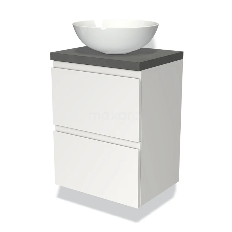 Modulo Plato Slim Vanity units for countertop basin | 50 cm Matte white Handle-less front Dark grey concrete worktop 2 Stacked drawers BMK37-00557