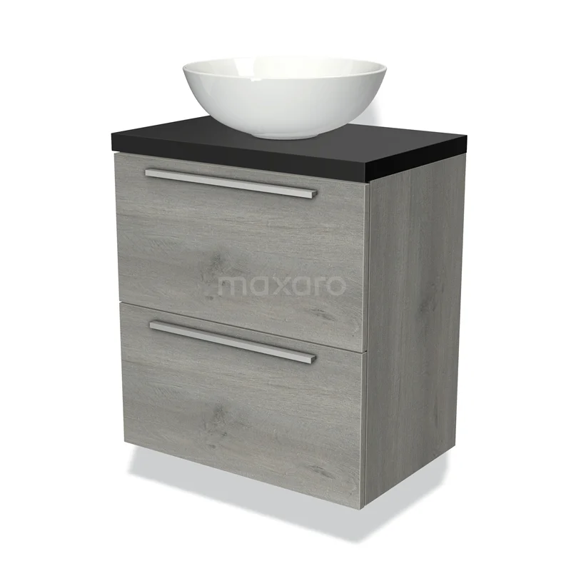 Houten badkamermeubel grijs met zwarte bovenkant en witte komvormige wastafel, modern design met twee lades.