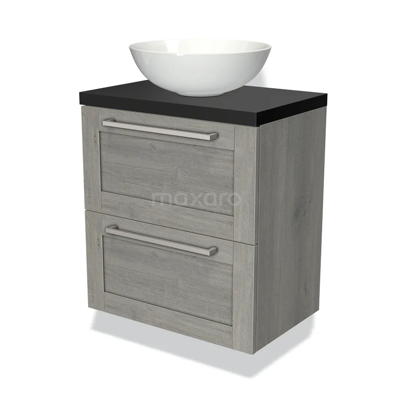 Grijze houten badkamermeubel met zwarte blad, witte waskom en twee lades, stijlvol en praktisch voor moderne badkamers.