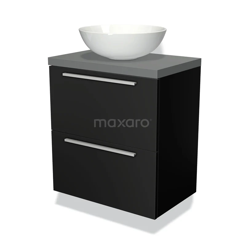 Modulo Plato Slim Badmöbel mit Aufsatzwaschbecken | 60 cm Matt Schwarz Flach front Mittelgrau blatt 2 übereinanderliegende Schubladen BMK37-00606 Schwarze Badmöbelset mit grauer Platte und weißem Aufsatzwaschbecken, kompaktes Design, ideal für moderne Bäder.