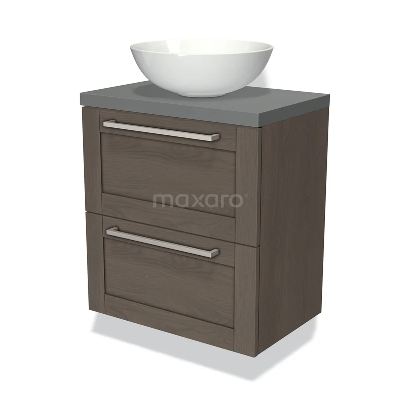 Badmöbel für Aufsatzwaschbecken 60cm Modulo Plato Slim dunkelbraune Eiche 2 Schubladen Rahmen BMK37-00630 Holz-Badmöbel mit grauer Waschtischplatte und rundem weißen Aufsatzwaschbecken, ideal für moderne Badezimmergestaltung.
