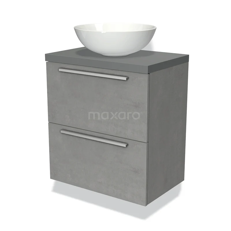Badmöbel für Aufsatzwaschbecken 60cm Modulo Plato Slim hellgrauer Beton 2 Schubladen flach BMK37-00633 Grauer Badschrank mit Holzoptik, zwei Schubladen und einem weißen keramischen Aufsatzwaschbecken, ideal für einen modernen Badezimmerstil.