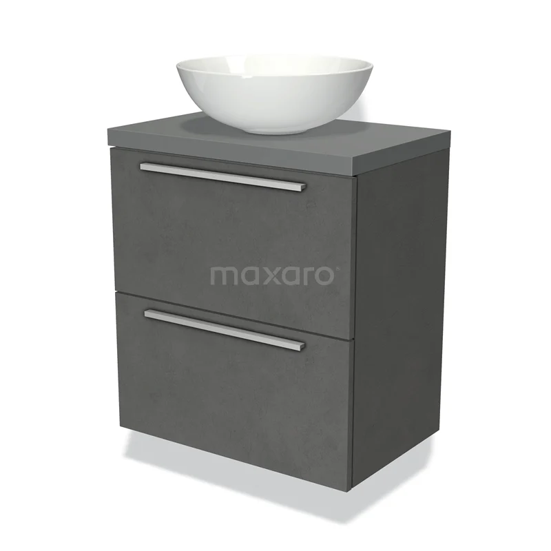 Badmöbel für Aufsatzwaschbecken 60cm Modulo Plato Slim Dunkelgrau Beton 2 Schubladen Flach BMK37-00634 Graue Badmöbelset mit Betonlook, zwei Schubladen und weißem keramischen Aufsatzwaschbecken für einen modernen Badezimmerstil.