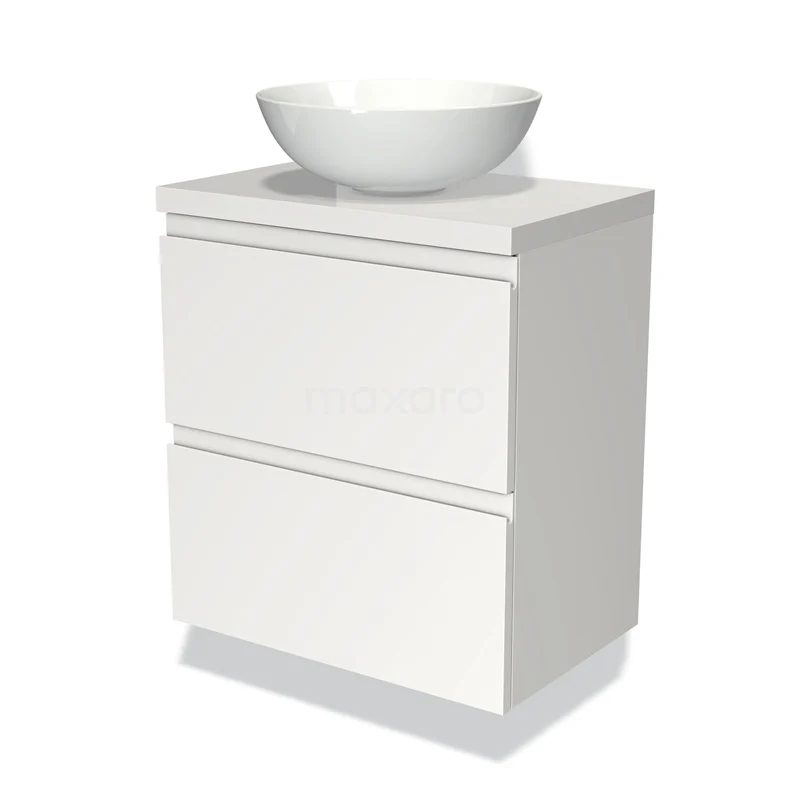 Wit badkamermeubel met ronde wastafel, twee greeploze lades, modern design en hoogwaardige afwerking voor een stijlvolle badkamer.