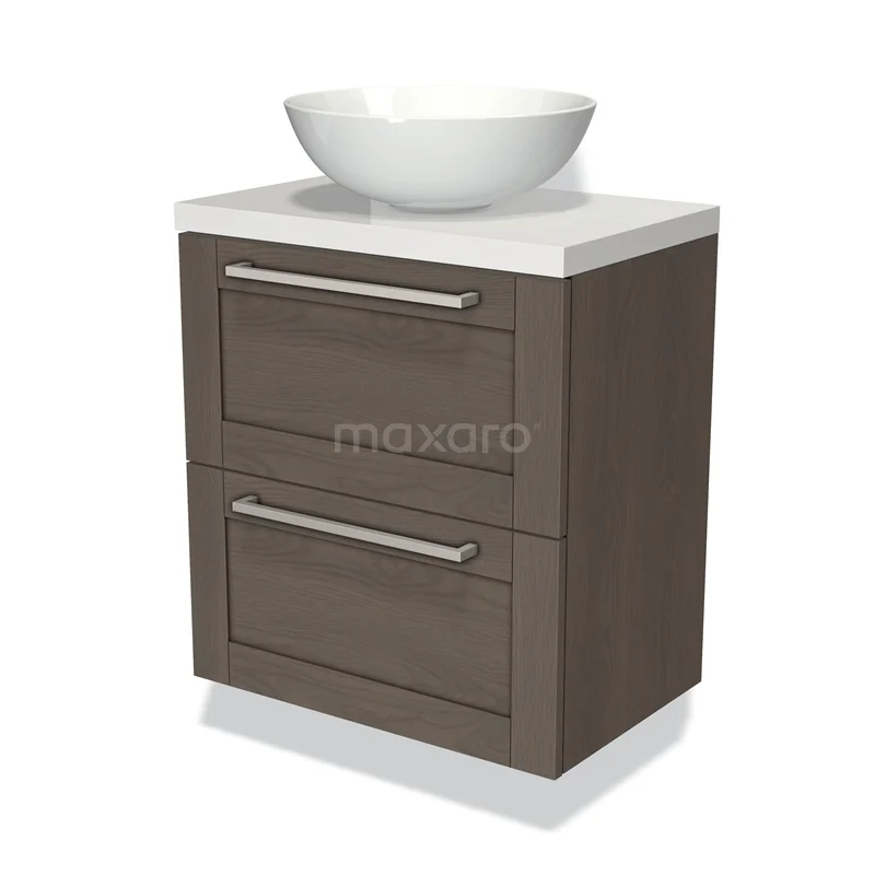 Houten badkamermeubel met witte waskom, twee ladefronten en strak design. Perfect voor moderne badkamerinrichting.