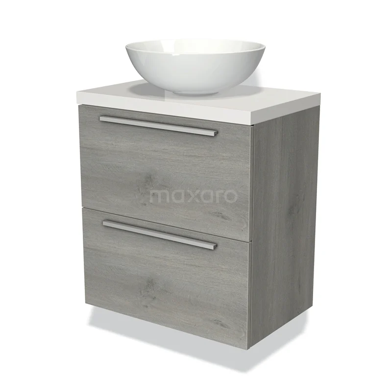 Houten badkamermeubel met grijze lades, wit wastafelblad en ronde keramische waskom, ideaal voor een moderne badkamer.