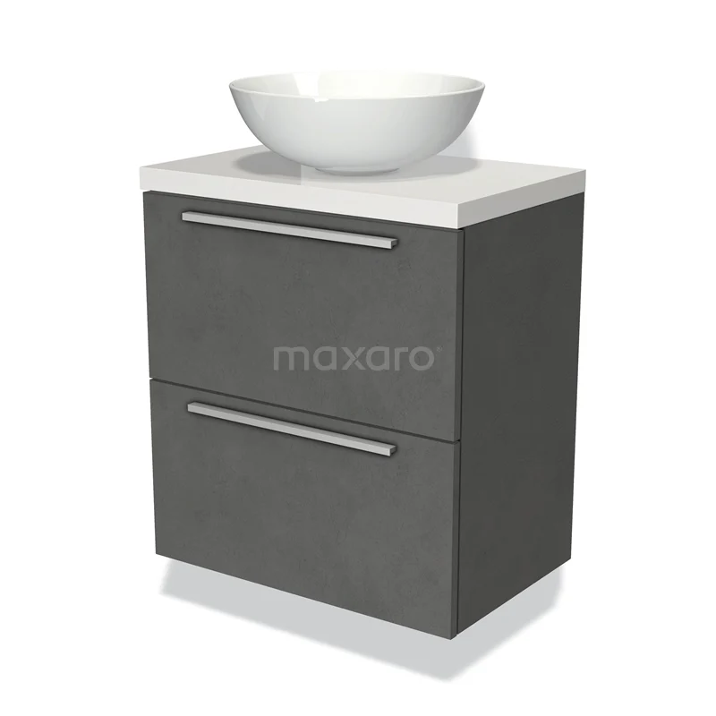 Modulo Plato Slim Vanity units for countertop basin | 60 cm Dark grey concrete Flat front High-gloss white worktop 2 Stacked drawers BMK37-00663