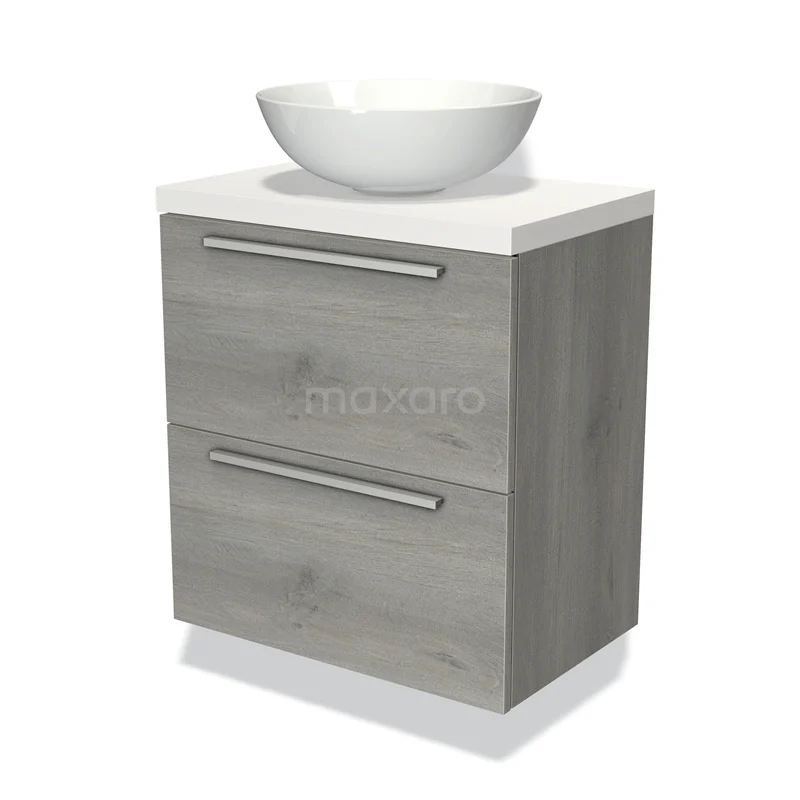 Grijze badmeubel met houtlook, twee lades en een witte ronde waskom. Perfect voor een moderne badkamerinrichting.