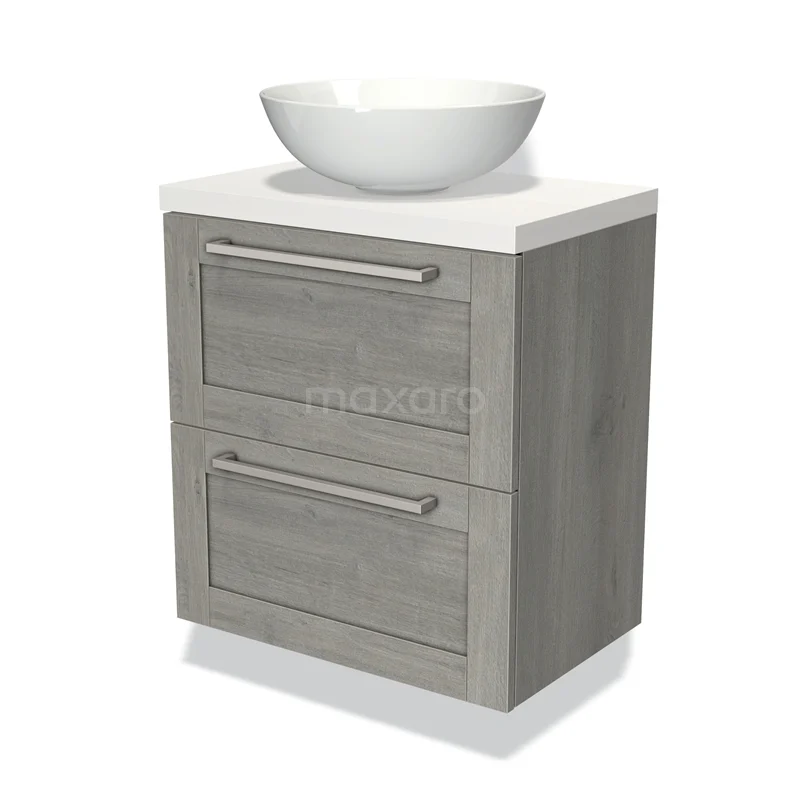 Grijze badkamerkast met houtstructuur, twee lades en een witte ronde waskom; compact design voor moderne badkamers.